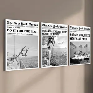3-count wooden frame canvas prints, retro New York newspaper style poster, high-end atmosphere decoration for fashionable girls' rooms, suitable for corridor, living room, office and home art wall decoration, ideal gift