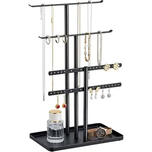 Stand Organizer, 14.5" Tall Sturdy Metal, 3-Tier  Holder for Necklace, Earring, Bracelet, Ring, Hanger for Display and Storage, Aesthetic Room Decor, Black