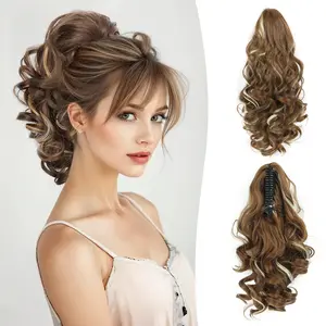 Clip on Ponytails for Women - 12 Inch Curly Ponytail Extension, Wavy Pony Tails Hair Extensions, Synthetic Hair Extensions Ponytail, Clip in Ponytail (Color: Chestnut Brown With Golden Highlights)