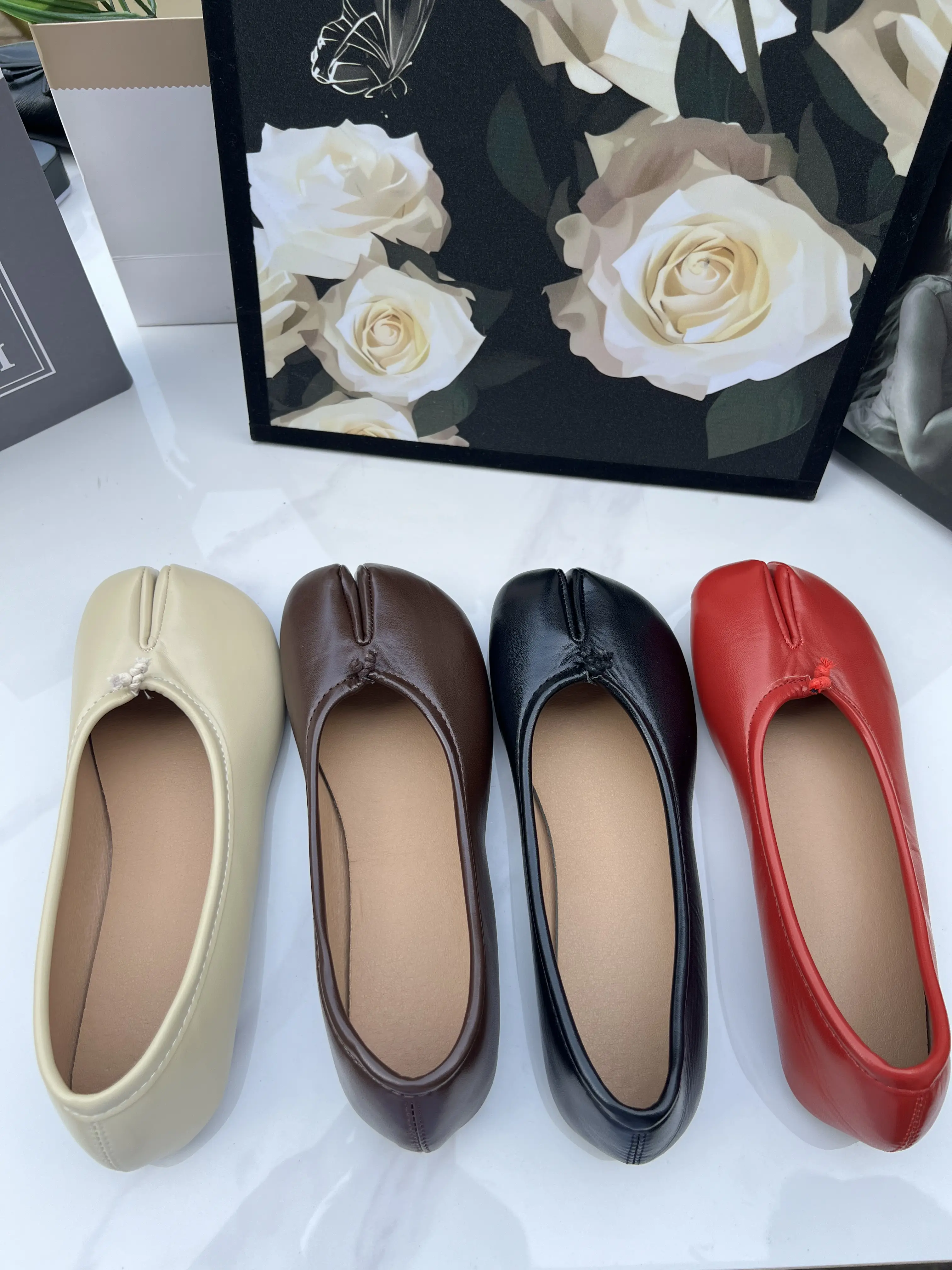 Viral Split Toe Ballet Flats for Women, Soft Leather Flat Shoes, Casual Tabi Style Loafers, Non-slip Comfortable Slip Ons for Daily Office & Streetwear Footwear Flatform Knee Girl