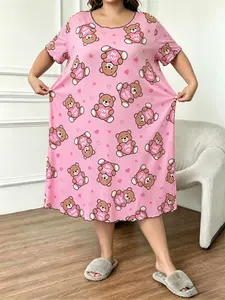 Women's Plus Size Bear skirt Bear Print Sleep Dress, Casual Comfort Round Neck Short Sleeve Pajama, Summer Sleepwear and Home Wear, Maternity nightgown, Maternity dress, Plus Size nightgown, Loungewear