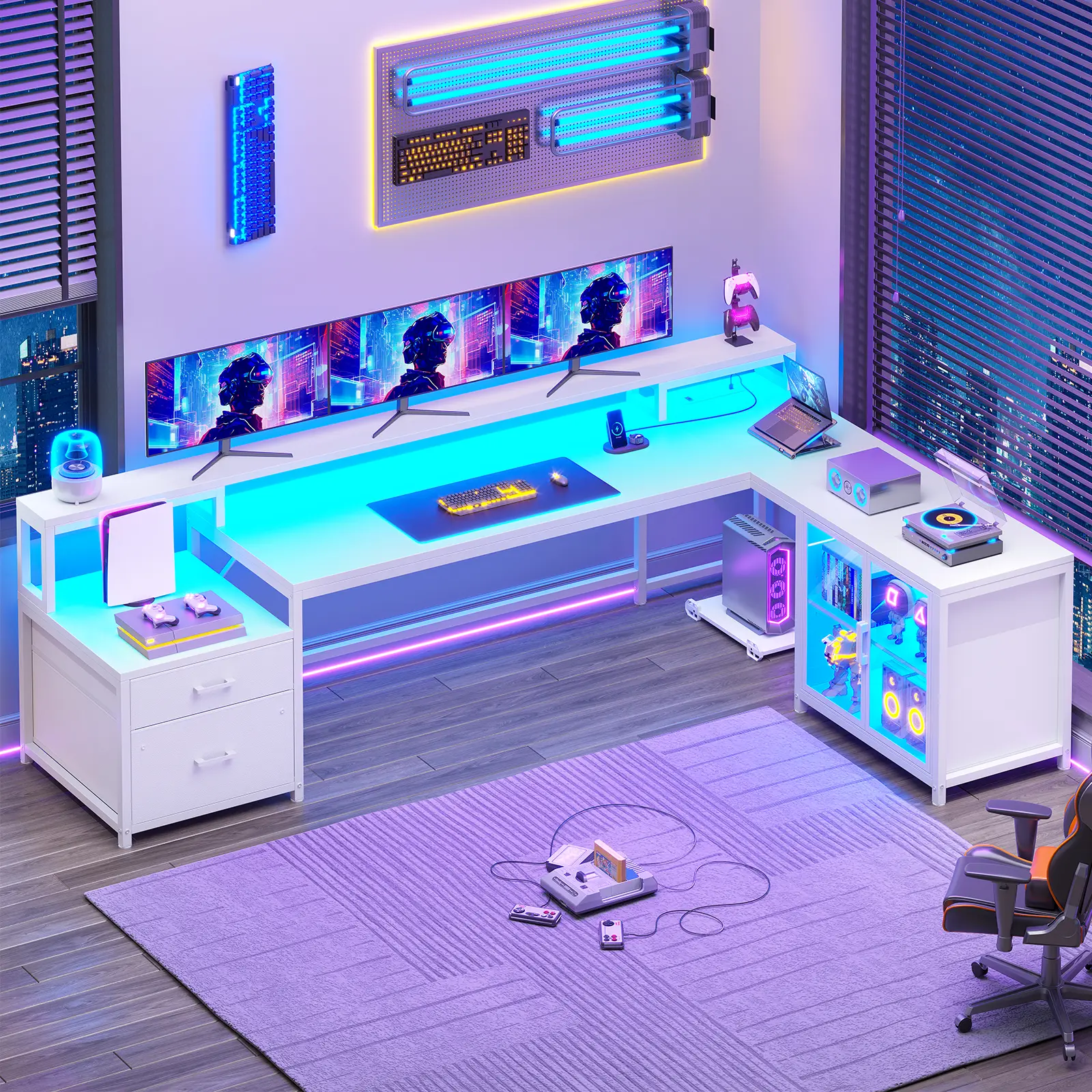 Sedeta 78.7in L-Shaped Modern Wood-Metal Ergonomic Gaming Desk, Corner Desk with Dual Workstations, Built-In Drawer, Power Outlet, LED Light, Storage Shelves, Glass Display Cabinet, Assembly Required