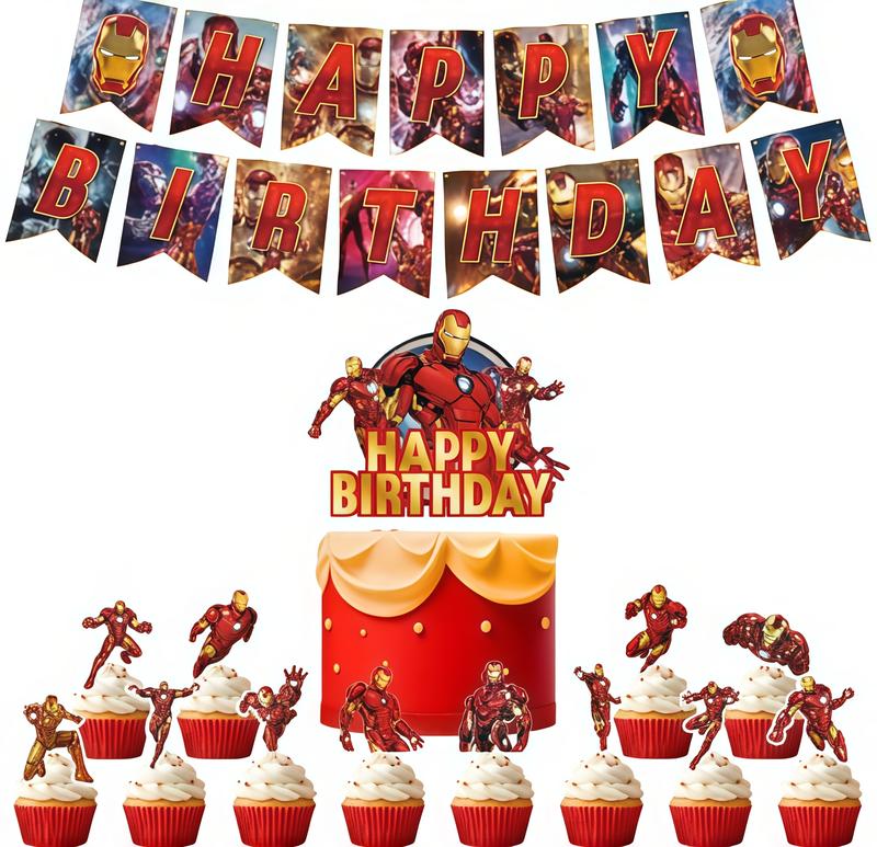 Marvel Iron Man Birthday Party Decorations Set with Banner Cake Toppers and Cupcake Toppers for Kids Party