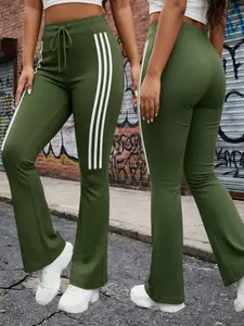 Plus Size High Waist Flare Yoga Pants, Women's Side Striped Elastic Casual Pants, Comfortable and Stylish Workout Bottoms, High Waist Stretchy, Flared Yoga Bottoms