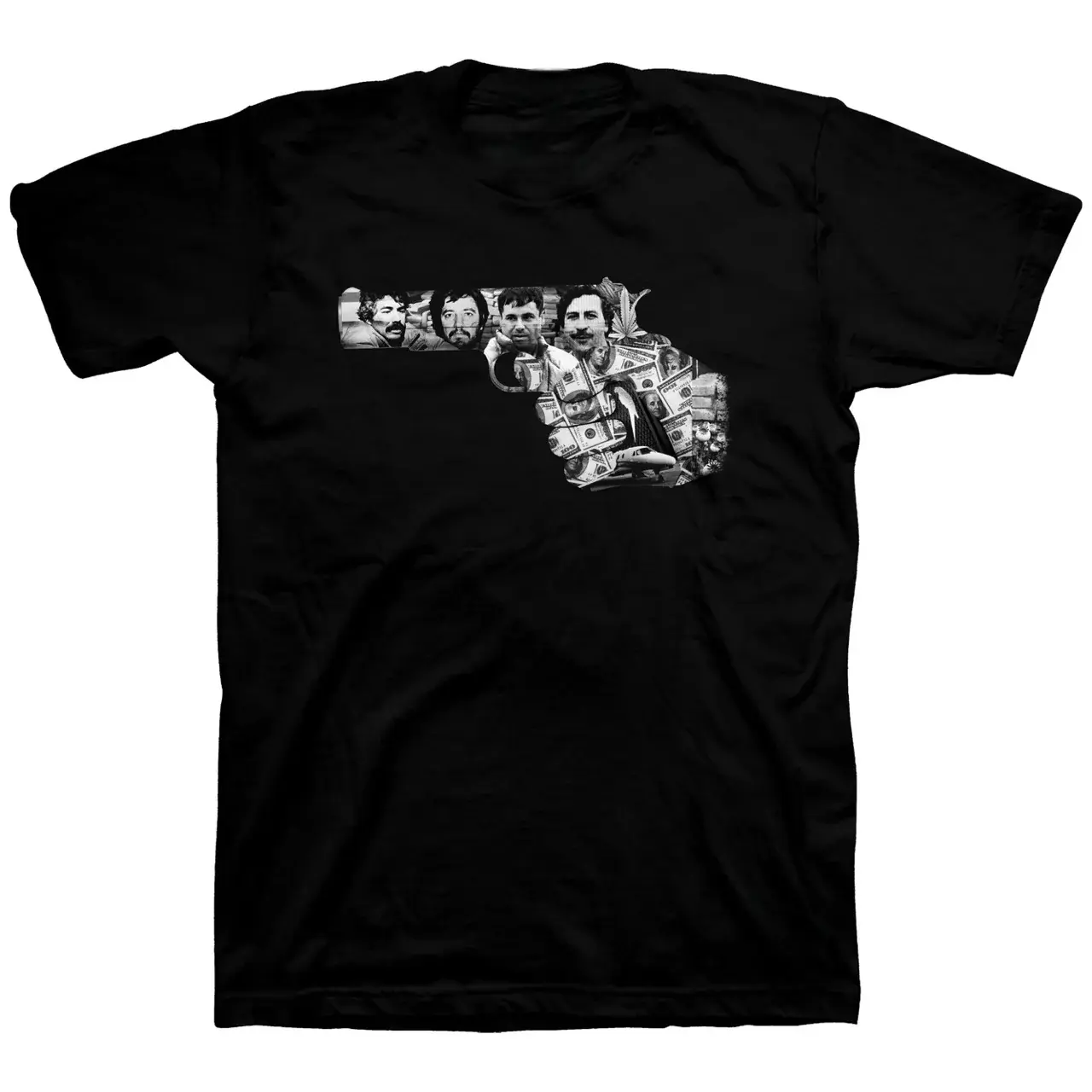 🔫 🖤 Men's Cotton Casual Menswear Short-Sleeve T-Shirt Top - Unisex Round Neck, Digital Print Cartel Gun Graphic, Chicano Narco Cultura Streetwear, Outlaw Tribute