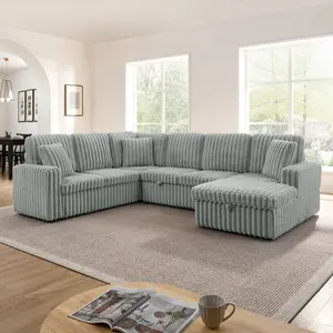 114" Corduroy Striped Upholstered Sofa, Modern Minimalist U-shaped Combination Sofa, Pull - Out Bed & Storage Chaise, Seat Soft Couch (Assembly Is Required) Convertible Sectional Sofa Chenille Sofa Fluffy Sofa Set
