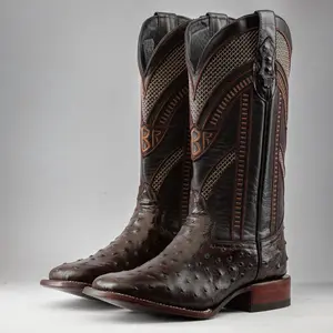 Chocolate Brown Ostrich Print Boots - Square Toe