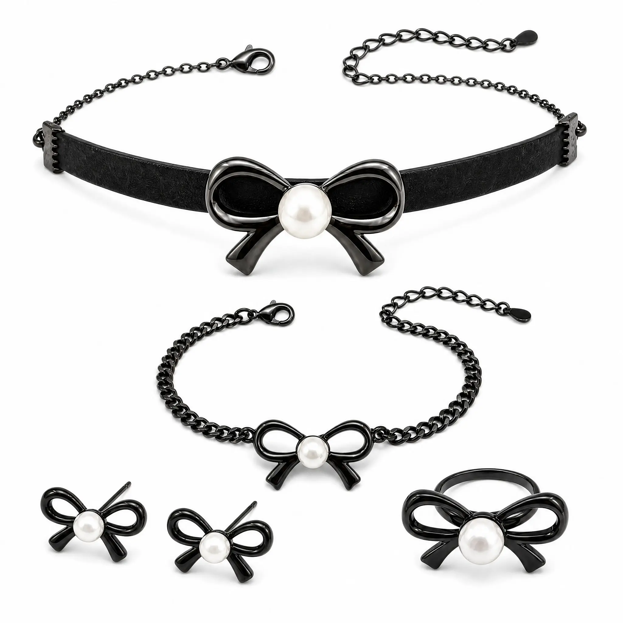 Female 4-Piece Gothic Costume Jewelry Set - Black Glossy Bow, White Shell Bead Choker, Bracelet, Studs, Ring - 316L Stainless Steel Black Electroplated, Flocked Band, Copper Ear Posts - Daily Western Trendy Gift