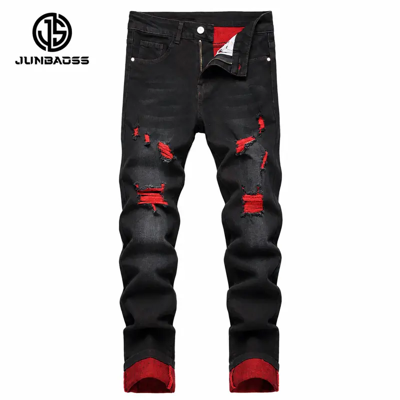 JUNBAOSS Men's Slim Fit Stretch Jeans Colored Ripped Jeans for Men, Casual Fashion Straight Leg Comfort Flex Waist Skinny Denim Pants, Menswear Trouser Streetwear Motocross Jeans with Plain Pockets
