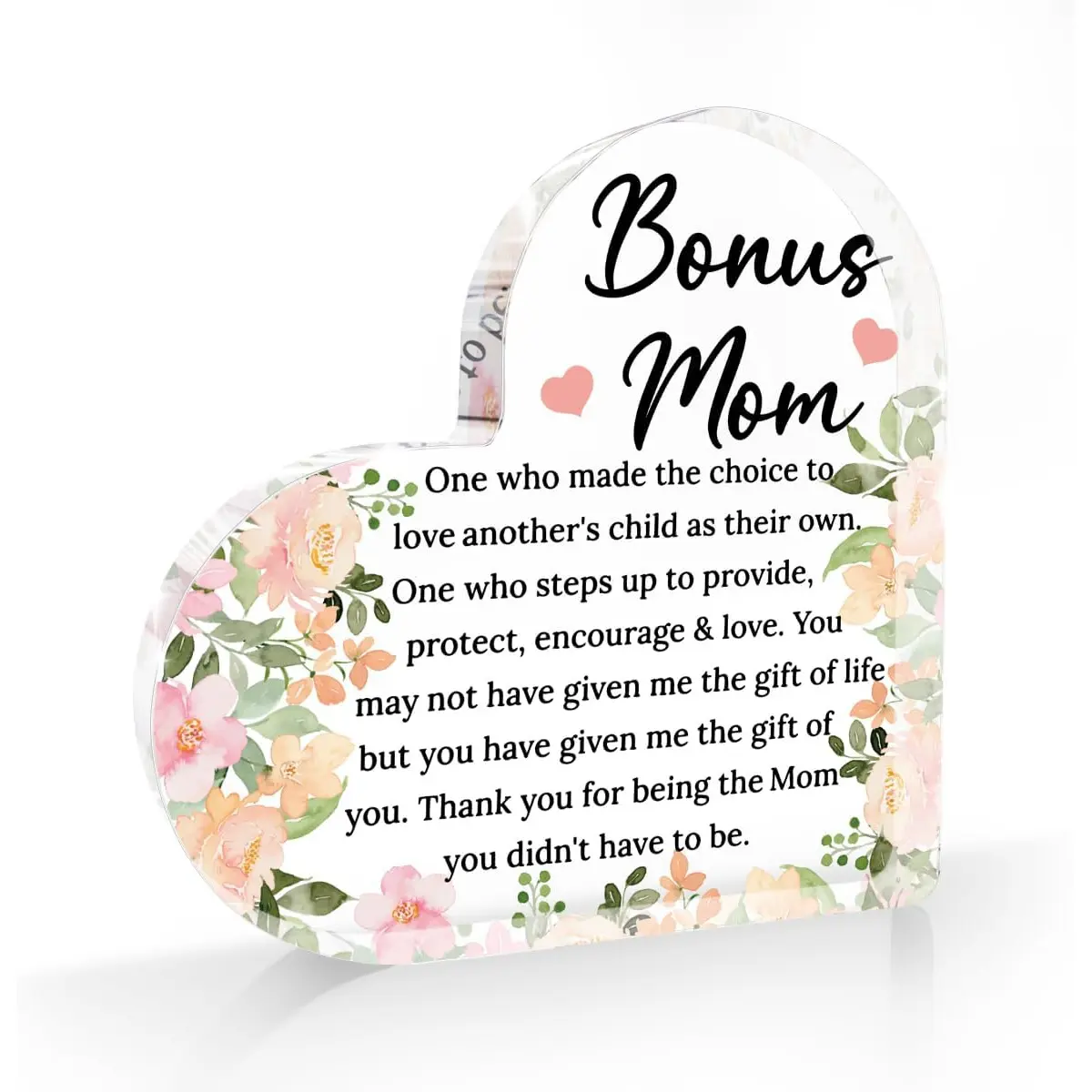 Mother's Day Bonus Mom Step Mom Gifts Mothers Day Christmas Birthday Gifts for Stepmom From Daughter Son Home Office Desk Decor Heart Acrylic Decorations Signs