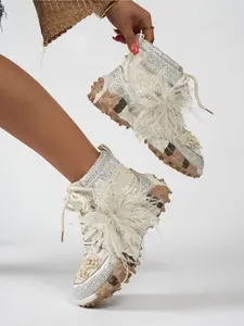 Women's Rhinestone & Lace Bow Platform Sneakers, Lightweight Thick Sole High-Top Shoes for Vacation