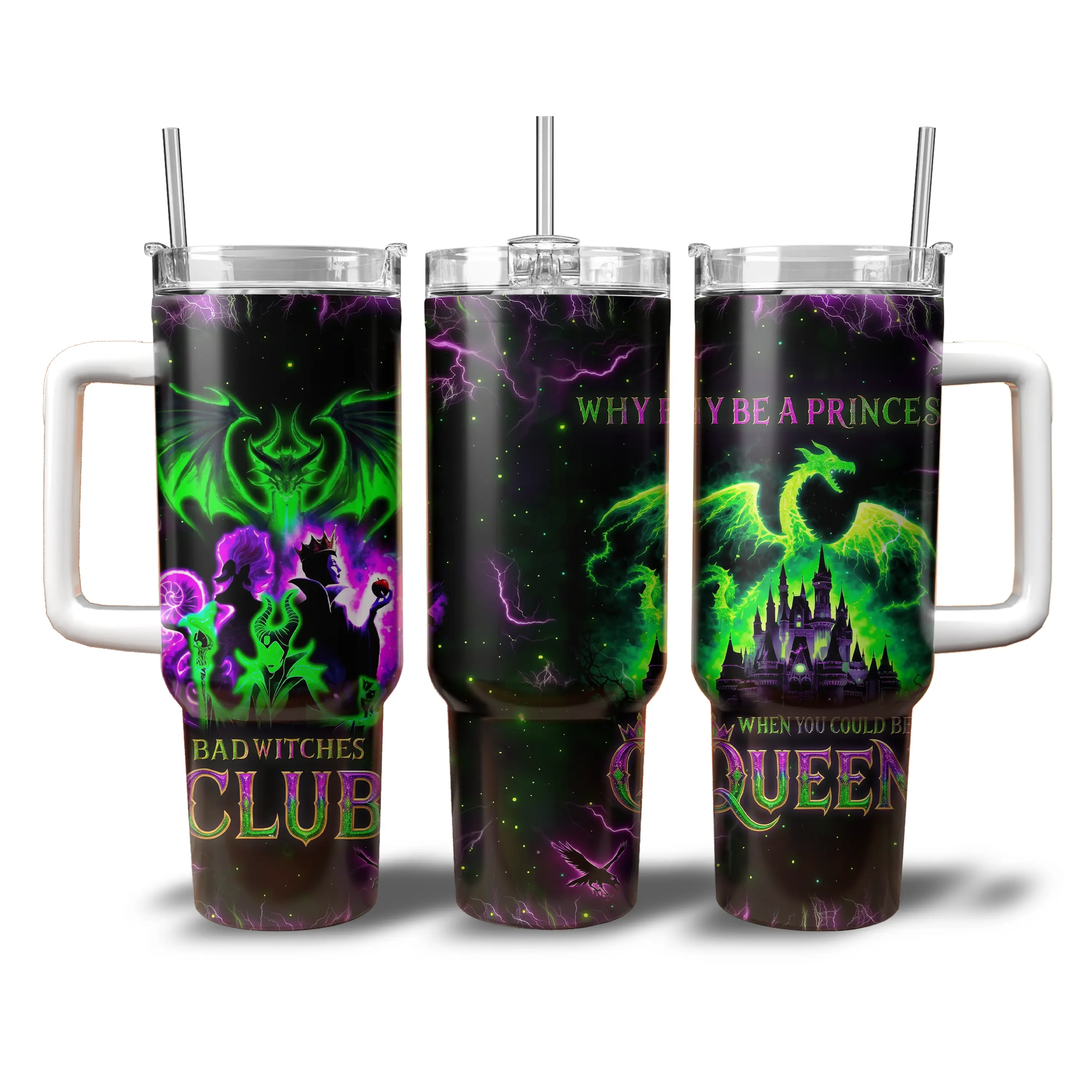 Portable Lightweight Villain Dragon Insulated Tumbler (20oz/40oz) - Kitchenware Drinkware Vacuum Flask with Handle, Straw, Lid - Dark Queen Halloween Travel Cup for Bad Witches Club