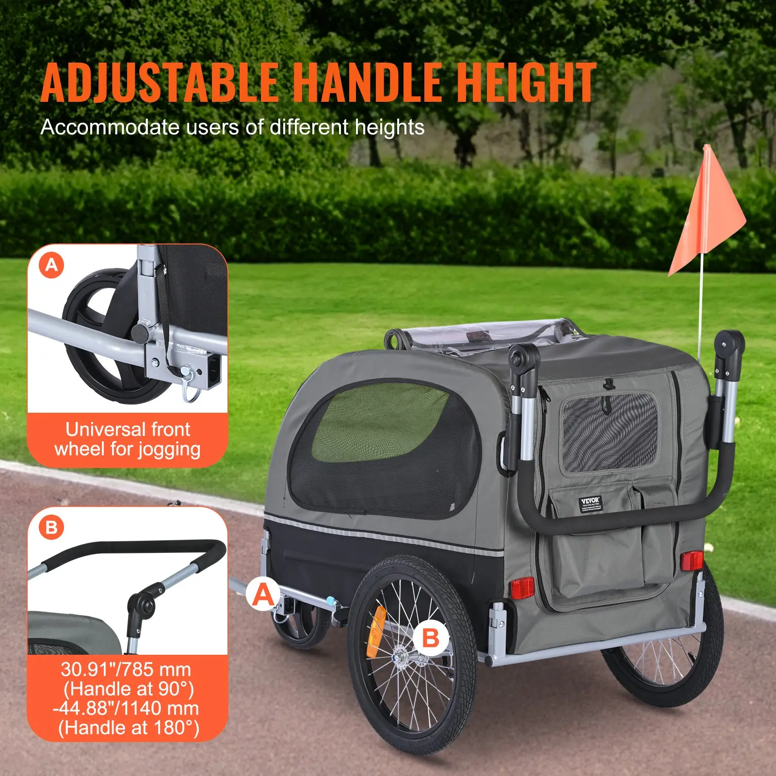 VEVOR 2-in-1 Bike Trailer & Pet Stroller - Black/Gray, 88 lbs Max Capacity, Comfortable Ride, Outdoor Pet Travel Carrier