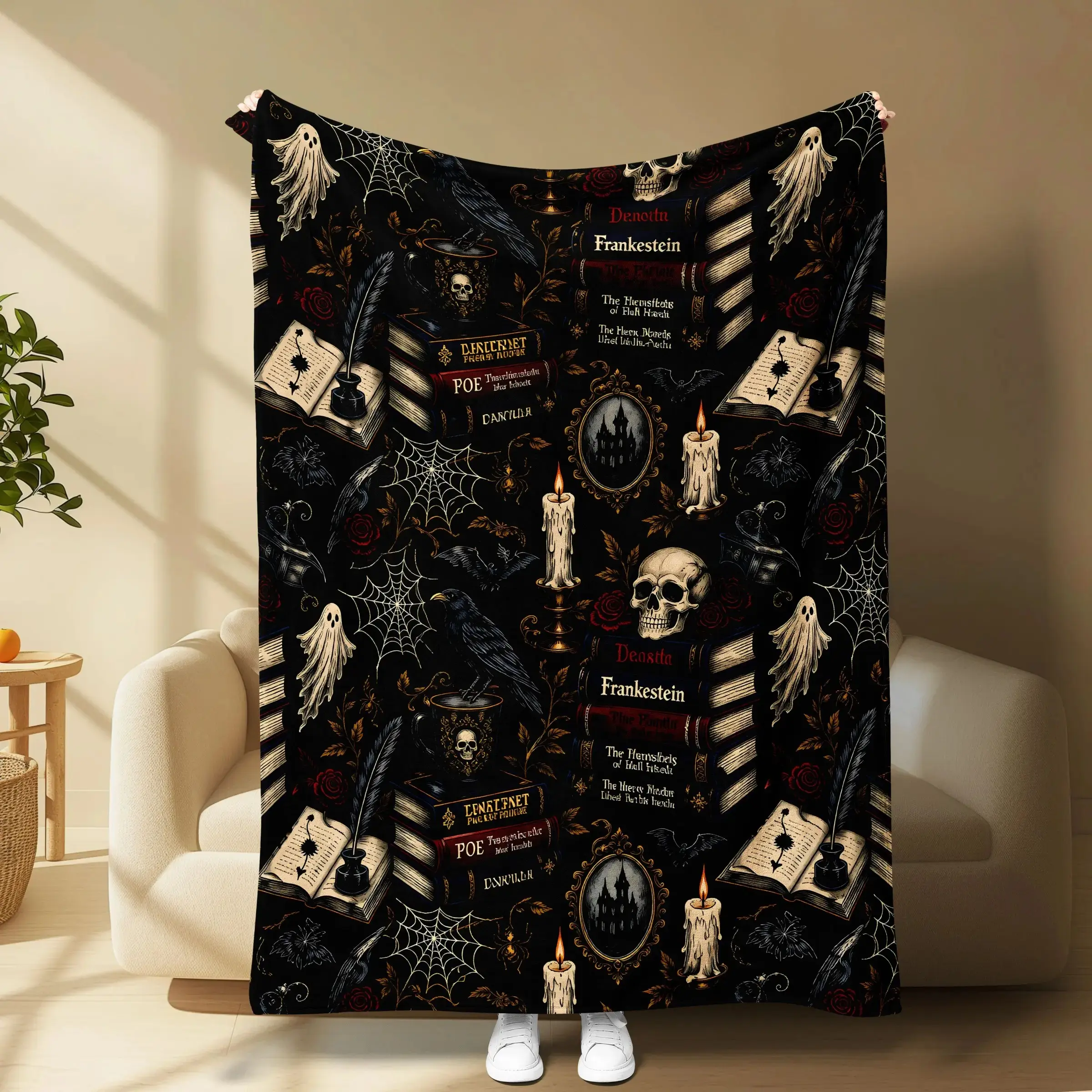 Gothic Library Flannel Blanket, Skull Raven Candle Throw, Dark Academia Halloween Plush, Soft Cozy Gothic Decor for Sofa Couch Bed Decorative Blankets