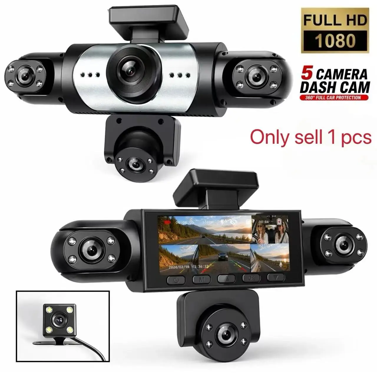 Four-Channel 360-Degree Dash Cam, 1080P Quad Lens, Night Vision, 8 IR Lights, 24-Hour Parking Mode, Includes 64GB SD Card, HD Dash Cam