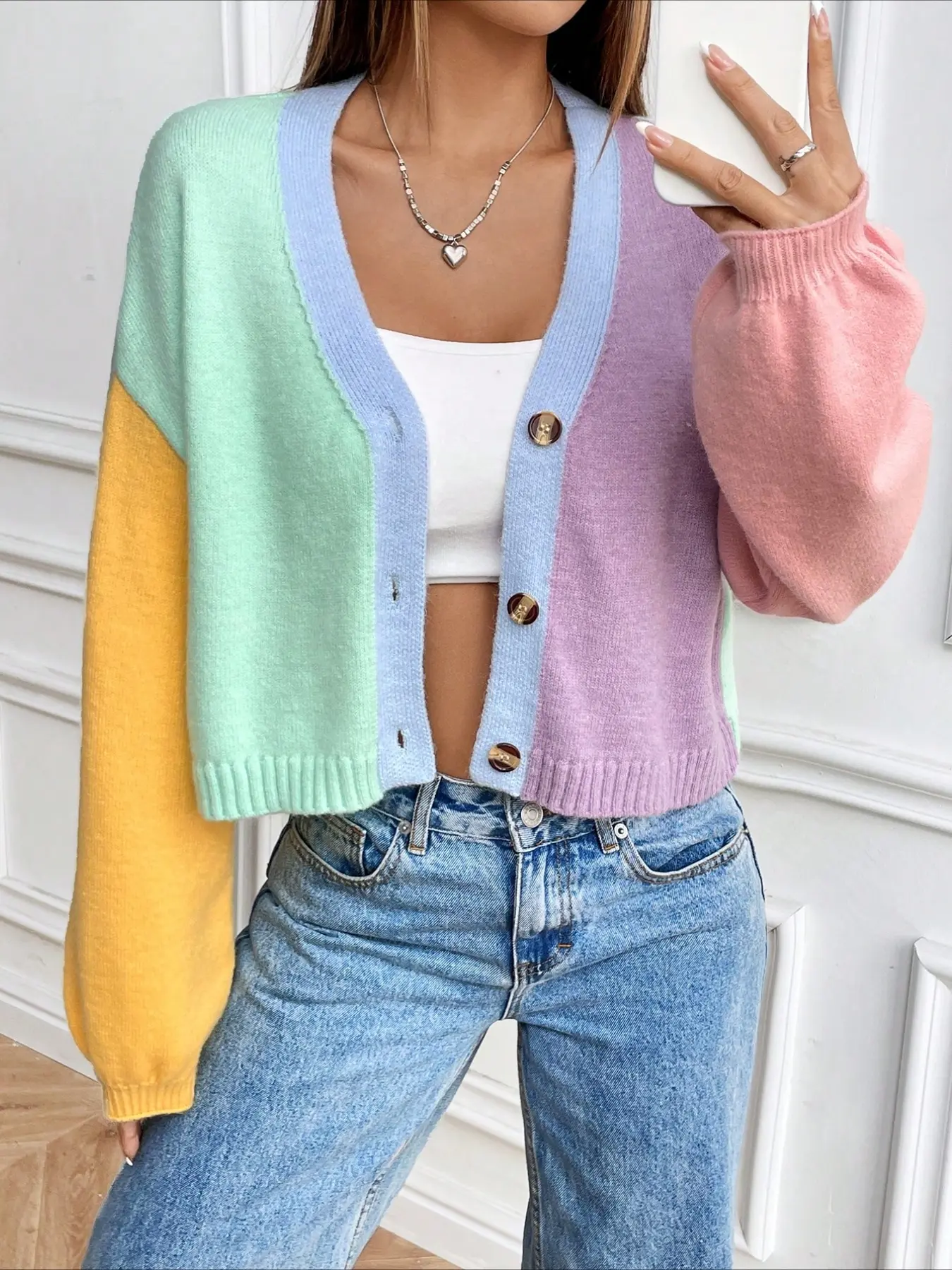 New Loose Short Fit Y2K Style V-Neck Button Front Knit Sweater, Spring & Fall Casual Wear, Sweet College Wind, Winter Outerwear