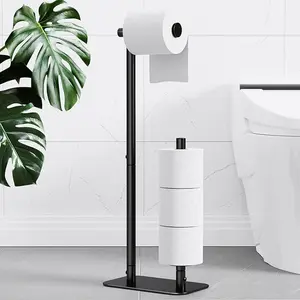 Classic Bathroom Free Standing Toilet Tissue Paper Roll Holder Stand Large Capacity Toilet Paper Holder for 4 Rolls, Rustproof  Non-Slip Stable Base, Black, Medium