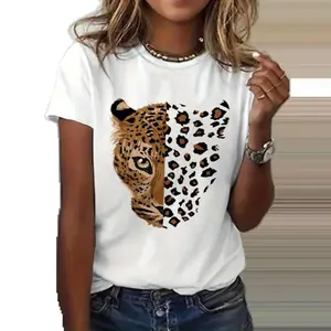 leopard tiger vintage graphic print t-shirt, short sleeve crew neck casual top for summer & spring, Women's clothing Crewneck Tshirt
