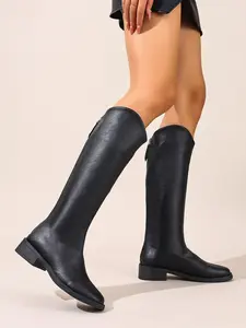 Women's V Neck High-Top Knight Boots, Autumn Winter Slimming Straight Tube Boots, Versatile Commuter Cigarette Boots, Casual Warm Boots