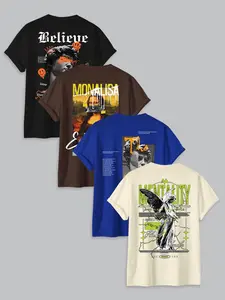 Men's Letter & Angel Print Round Neck Lounge Tee, Regular Fit Casual Letters Print Short Sleeve T-shirt for Summer, Men's Sleep Top for Daily Wear