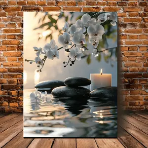 2D flat painting, 2D flat painting, 1-piece Spa Serenity wall decoration painting |   Elegant floral canvas painting, white orchids, candles, and stones in golden-brown water, wooden frame modern farmhouse decor - suitable for living room, bedroom, bathro