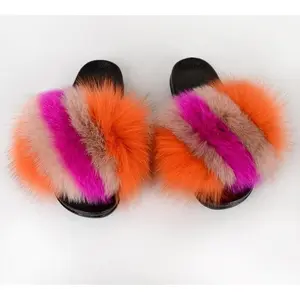 "SORBET" Orange Hot Pink Cream Diagonal Striped Fur Fluffy Flip Flops™️