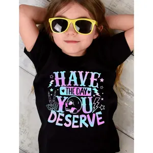 HAVE THE DAY YOU DESERVE & Skeletal Hand Graphic Print, Girls' Stylish & Comfy Crew Neck Short Sleeve T-shirt For Spring & Summer, Girls' Clothes For Everyday Life