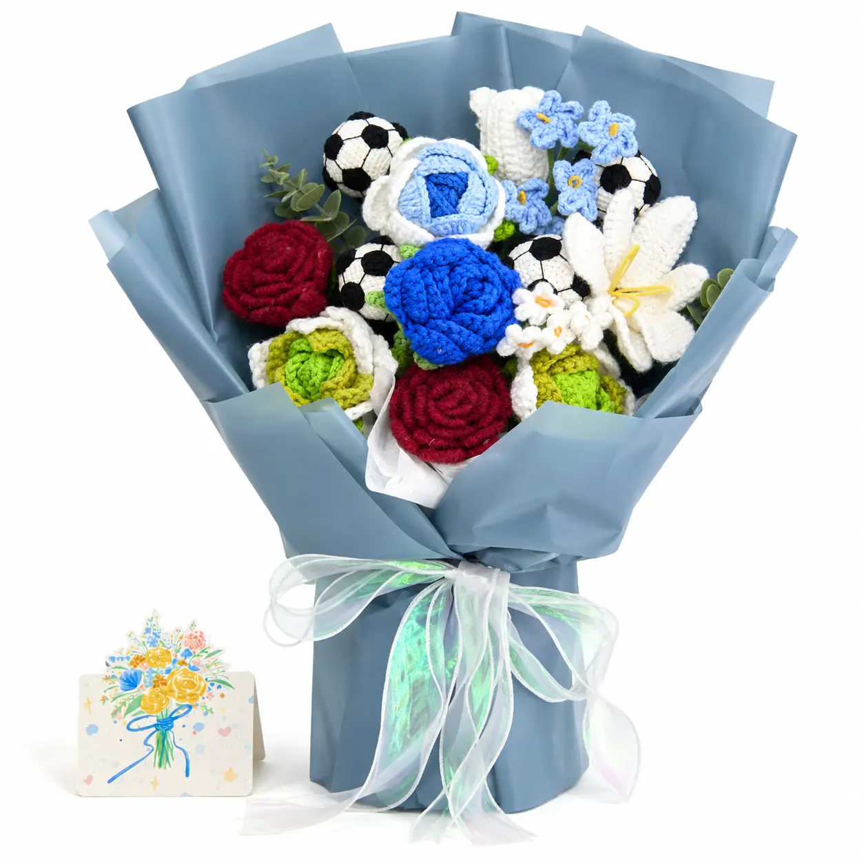 Handmade Crochet Flower Bouquet with Red, Blue, Green, White Roses & Daisies - Patriotic Home Decor Decoration, Father's Day/Wedding Gift for Boyfriend with Greeting Card