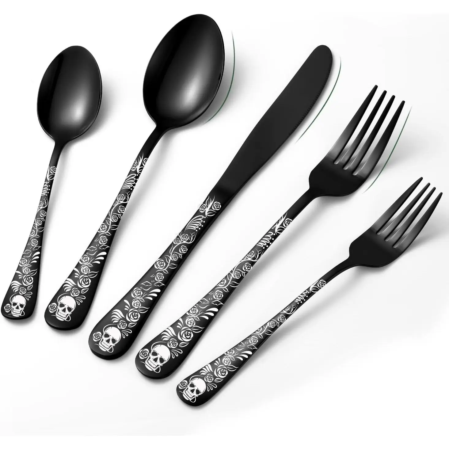 Gothic Stainless Steel Flatware Set, Skull & Rose Pattern Cutlery Set Including Spoon & Fork & Knife, Festival Party Tableware Set, Stocking Fillers G