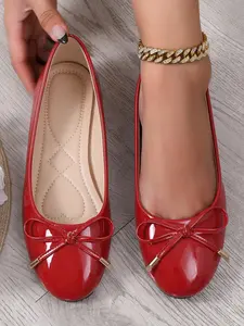 Women's Round - Toe Patent Leather Walking Flats, Bow Accent, Slip - On Design, Comfortable for Daily Walks, Casual Outings, Office Wear, Shopping, All - Match Fashionable Footwear, Ladies' Versatile Comfort Shoes