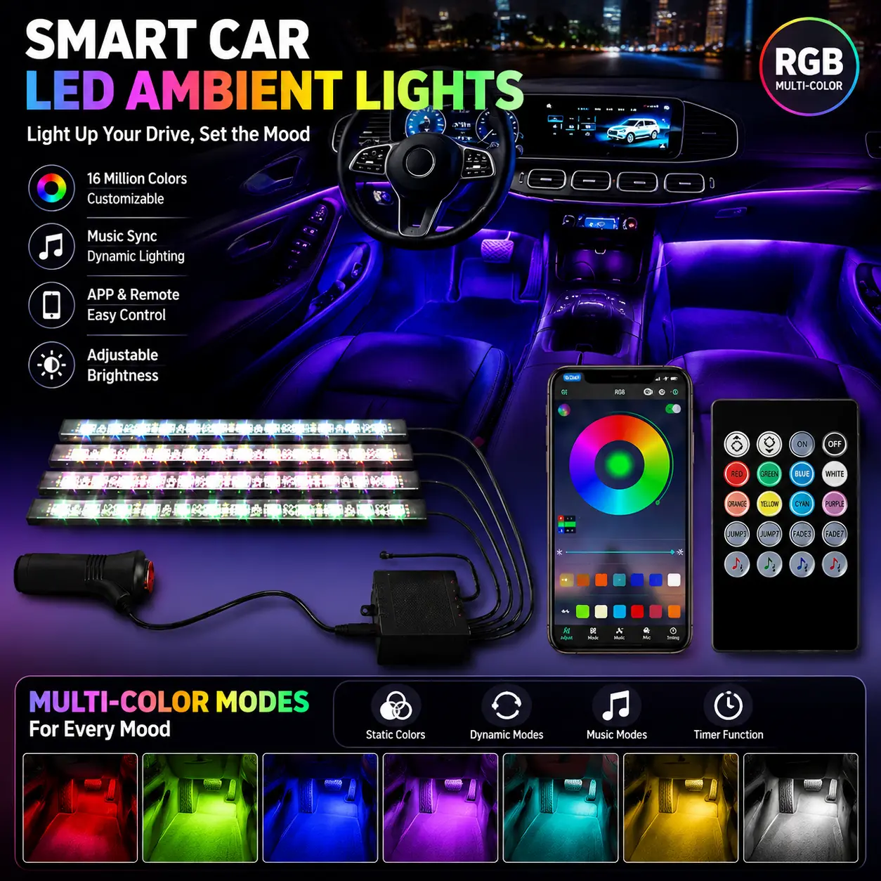 Transform Your Car Interior Instantly! M24 RGB LED Strip Lights for Cars, Wireless Smart Ambient Lighting Kit with Bluetooth Music Sync, APP Control & Remote, 16 Dynamic Modes, Multi Color Changing Car Decorative Lights, 12V Auto Accessories