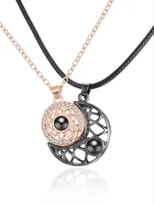New Moon Round Hollow Magnetic Projection Necklace Set, Fashion Necklace, 100 Languages I Love You Couple Pendant, 2 Piece Set, Romantic Gift, Modern Versatile Accessories