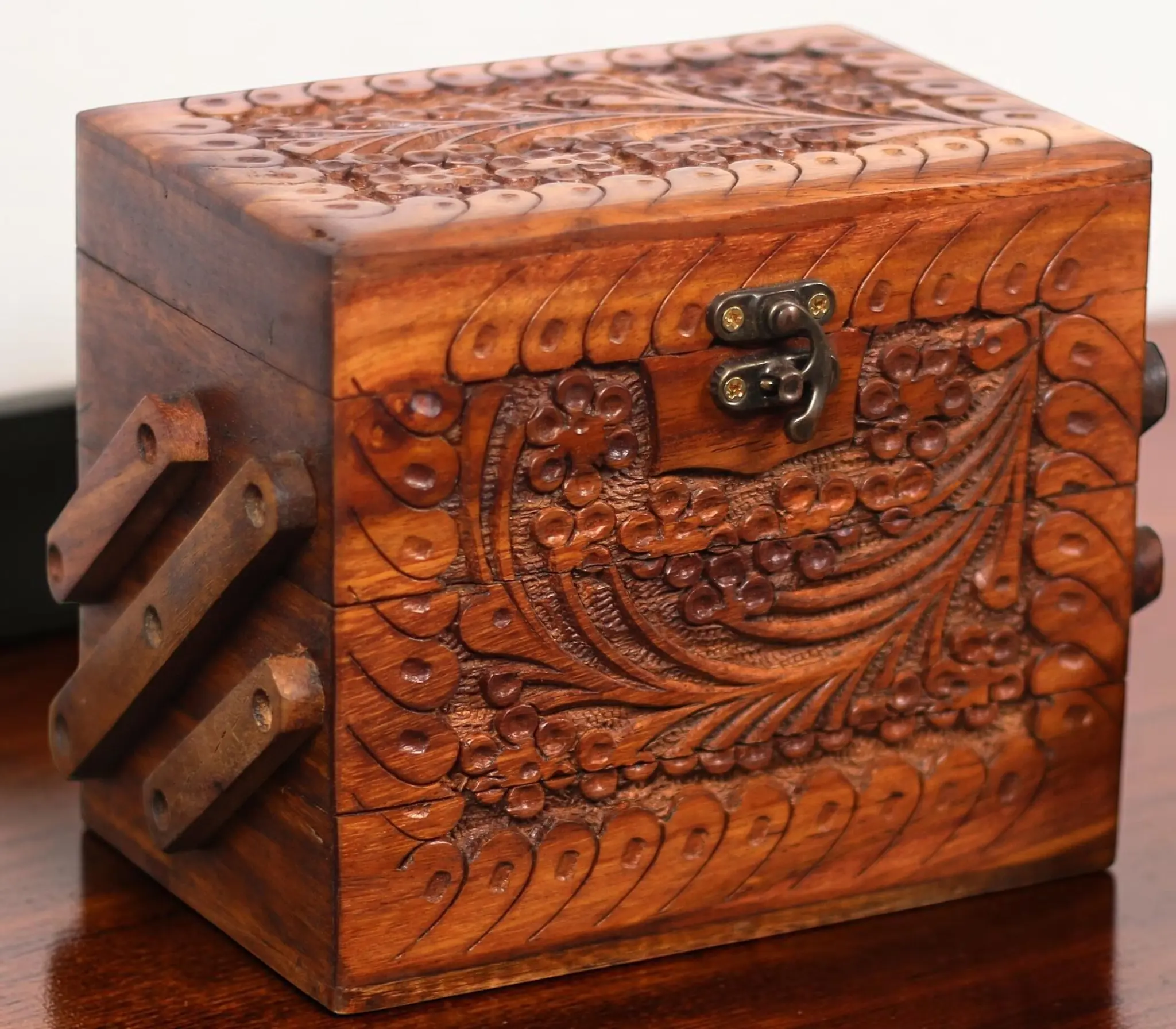 Hand Carved 3 Tier Wooden Jewelry Box, Floral Engraved Keepsake Organizer