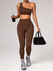 Women's Two-Piece Set, Leopard Print Off-Shoulder Yoga Tank Top, High Waist Butt Lifting Yoga Pants, Casual Spring Summer Sports Wear, Yoga Gym Outfits