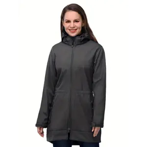 [Fleece Lined Rain Jacket] Windproof Fleece Lined Long Rain Jacket With Hood - Adjustable Waist Drawcord, Warm Women's Clothing