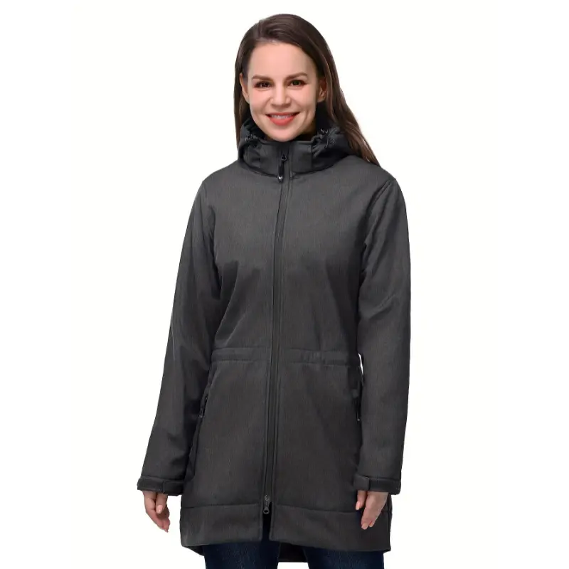 Women's Midi Length Plaid Fleece-Lined Rain Coat - Polyester, Casual Long Sleeve, Hooded, Windproof, Adjustable Waist Drawcord, Warm Professional Sports & Outdoor Jacket with Zipper, Sporty Chic, Dry Clean Not Recommended, Tops, En45611