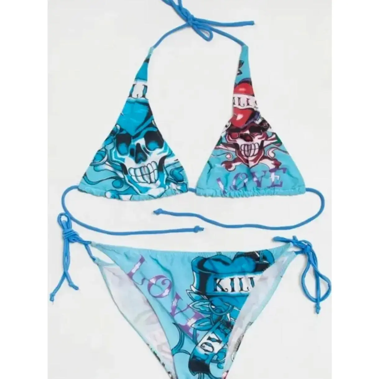 Inspired Skull Love Kills String Bikini Set – Turquoise Blue | Skull & Heart Tattoo All-Over Print | Halter Tie Top & Side-Tie Bottom | Y2K Vintage Grunge Swimwear | Women's Summer Beach Festival Outfit & Gift for Her