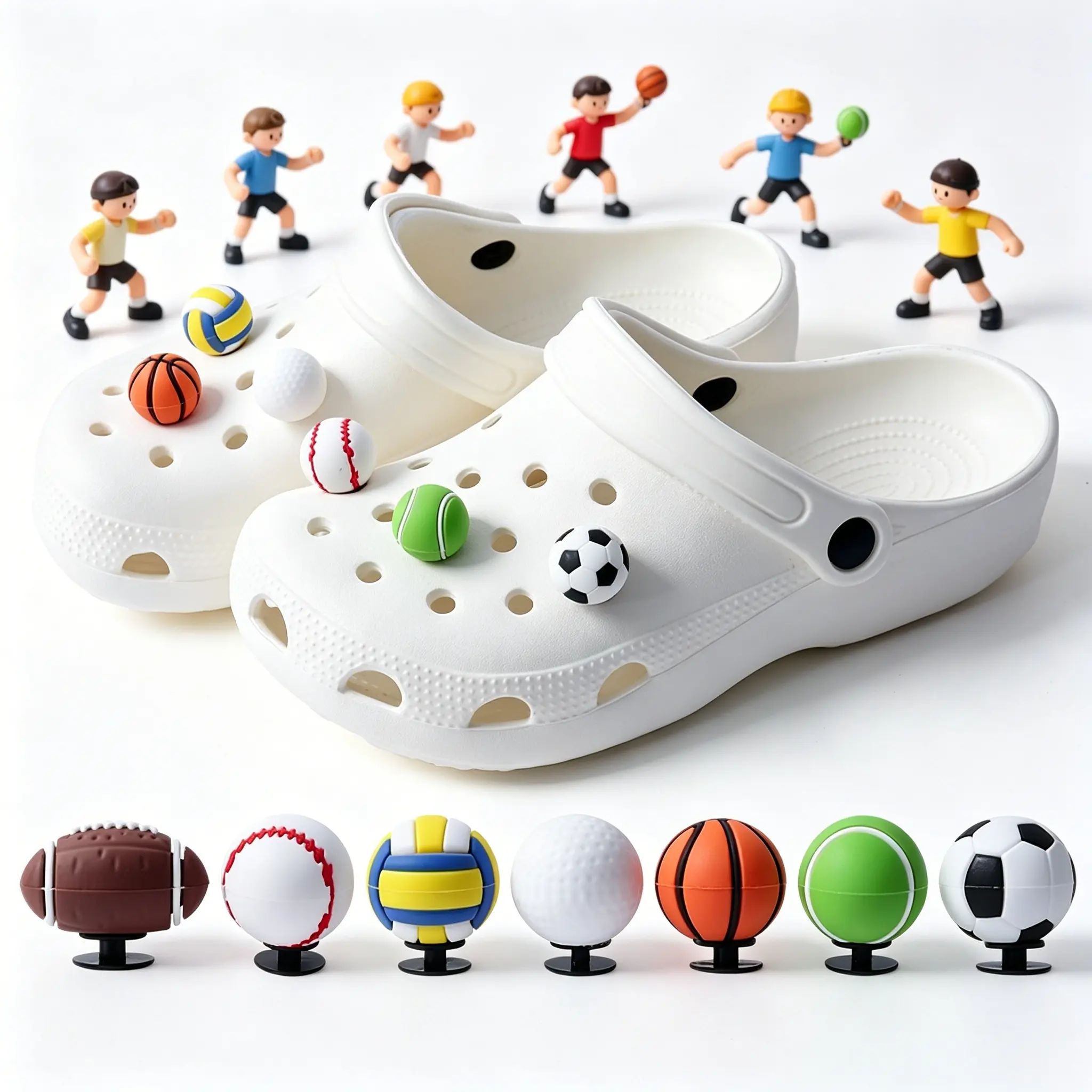 7 Pack-a 3D Effect Attachment Shoe Decoration Charms for Crocs - Clip-On Silicone Cartoon Charms, Removable Football Basketball Volleyball Golf Tennis Rugby Clog Decor for Boys Sports Fans