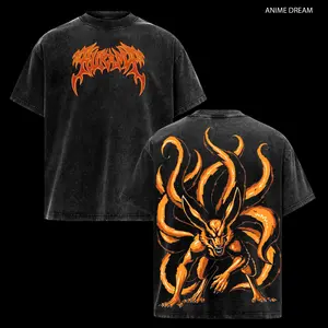 Kurama Naruto Anime Double Printed Vintage Washed Tee Unisex Oversize Heavyweight Cotton T-shirt for Anime Fans and Lovers