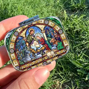 Nativity Scene Stained Glass Pill Case with Mirror, Vintage Art Style, Portable Plastic 2 Compartment Pill Box, Travel Daily Organizer