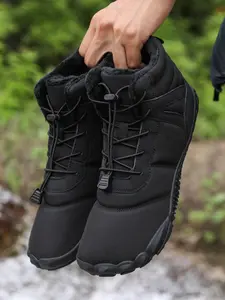 Men's Solid Color Drawstring Ski Boots, Casual Sporty Warm Thick Sole Snow Boots for Outdoor Activities, Male All-match Sports Shoes for Daily Wear