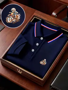 Men's Motorcycle Print Polo Shirt, Loose-Fit Short Sleeve, Breathable Elastic Fabric, Casual Business Tee, Spring Summer Fashion