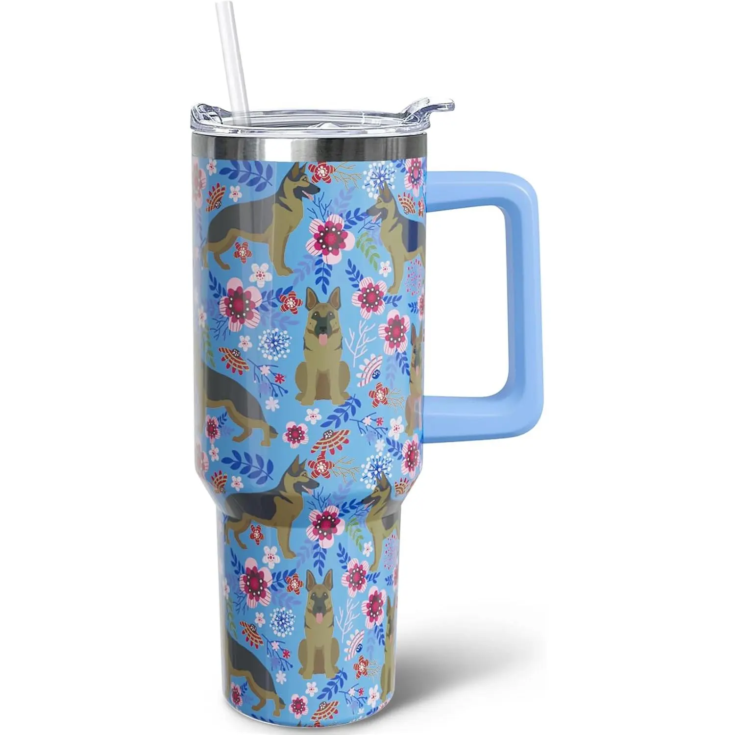 40 oz Stainless Steel Insulated Vacuum Mug - German Shepherd Design, Portable Coffee Tumbler with Handle, Secure Lid, Straw, Heat Cold Resistance, Reusable Beverage Container for Road Trip, Ideal Gift for German Shepherd Owners, Kitchenware Drinkware