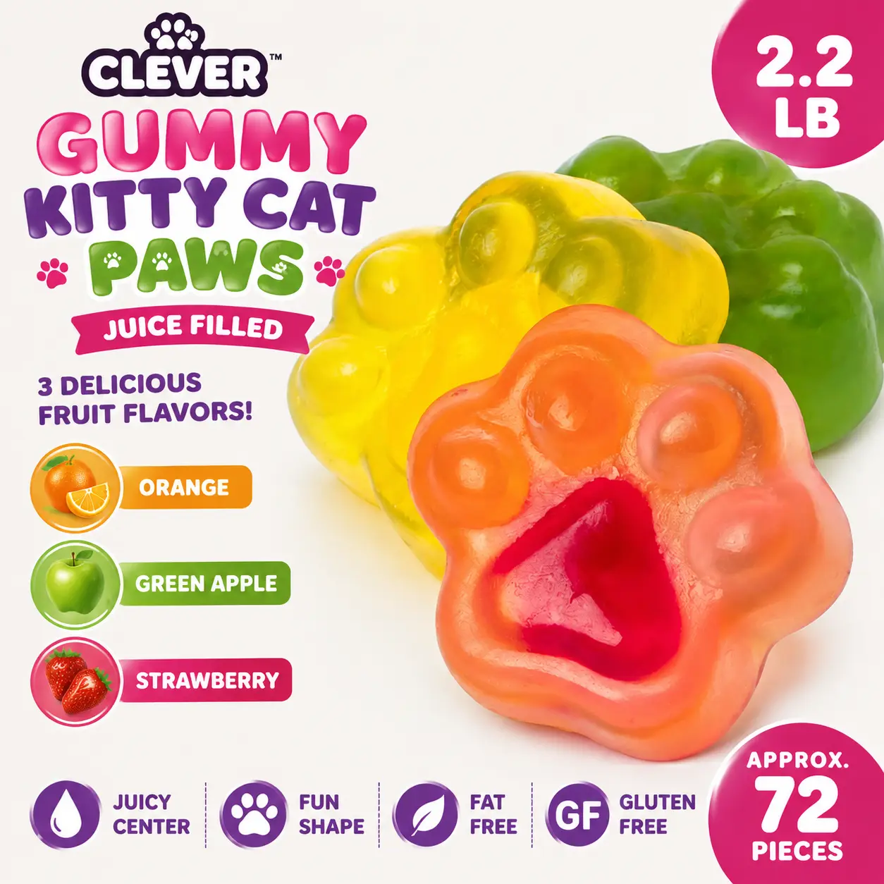 Clever Gummy Juice Filled Kitty Cat Paws 3 Flavor 2.2 lb Bulk Bag Gummy Candy