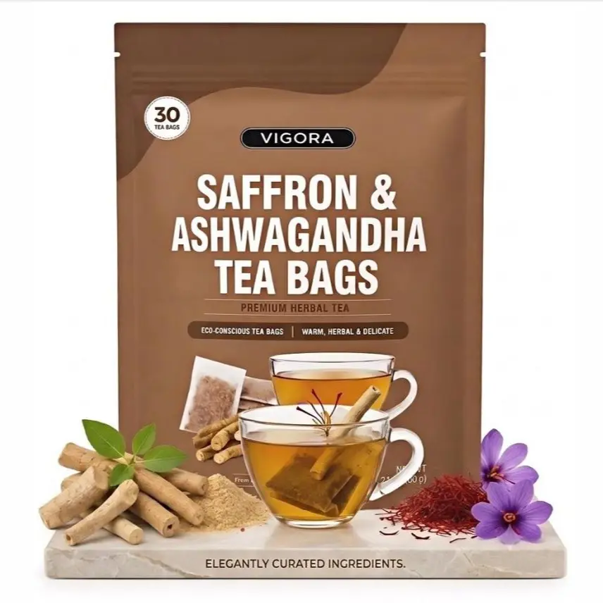 VIGORA  Saffron Ashwagandha Herbal Tea – Caffeine Free Tea Bags for Daily Relaxation Moments, Warm Earthy Flavor, Easy Brew Tea, 30 Bags