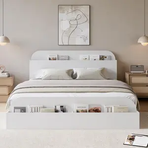 Garvee Queen Size Wooden Bed Frame with Storage Headboard, Elevated Feeding Table, Low Platform Floor Bed, and Slat Support for Bedroom