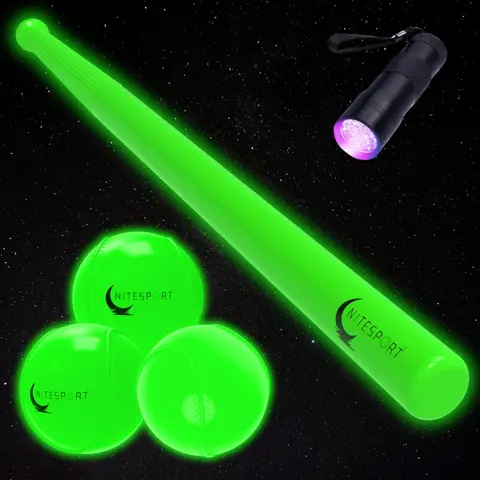 NiteSport Glow In The Dark Plastic Baseball Set w/ 3 Plastic Baseballs & UV Flashlight - Safe Durable Lightweight Fun for Nighttime Play