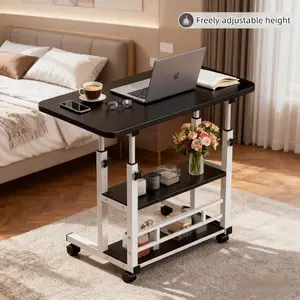 Movable Height Adjustable Bedside Computer Desk 23-35 Inches Three-tiered Storage Omnidirectional Casters Home Bedroom Office