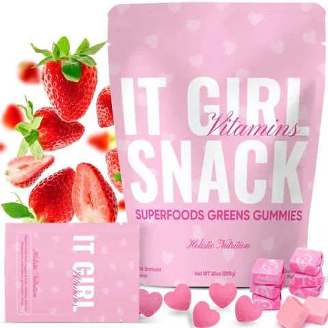 IT GIRL Snack Superfood Greens Gummies - 60+ Whole Food Ingredients with Spirulina, Chlorella, Prebiotic Fiber & 20 Vitamins & Minerals - Vegan, Gluten Free - Pink Starburst Hearts