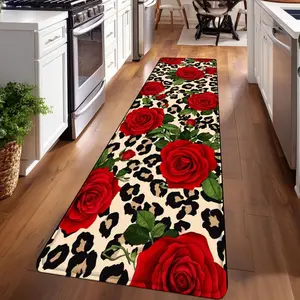 1PC， Leopard Print with Red Roses Pattern strip rugs, home décor, bathroom mats, entryway mats, bathroom non-slip mats, indoor entrance rugs, bedroom bedside mats, kitchen mats, hallway rugs, flannel sponge rugs, hallway runner rugs, Floral Area Rug